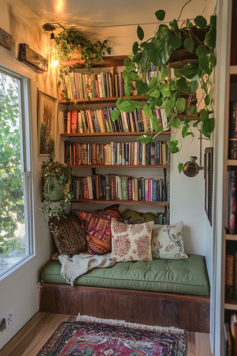 Tiny House Library. Draping fig plant over walnut floating shelves, green Moroccan floor cushions.  Welcome to a world where art, creativity, and minimalist living collide. If the word 'boho' makes your heart flutter and the thought of tiny libraries sends your mind spiraling into a world of imaginative exploration, prepare for a captivating journey. Step into an enchanted universe of 53 innovative and awe-inspiring…  Read more: https://tastyinteriors.com/generated-post-53-boho-tiny-house-library-ideas/ Boho Style Bookshelf, Hygge Library Room, Book Nook Office Ideas, Homemade Library Bookshelves, Cozy Small Library Room, Tiny Reading Room Ideas, Tiny House Bookshelves, Mini Home Library Small Spaces, Boho Library Room Bohemian