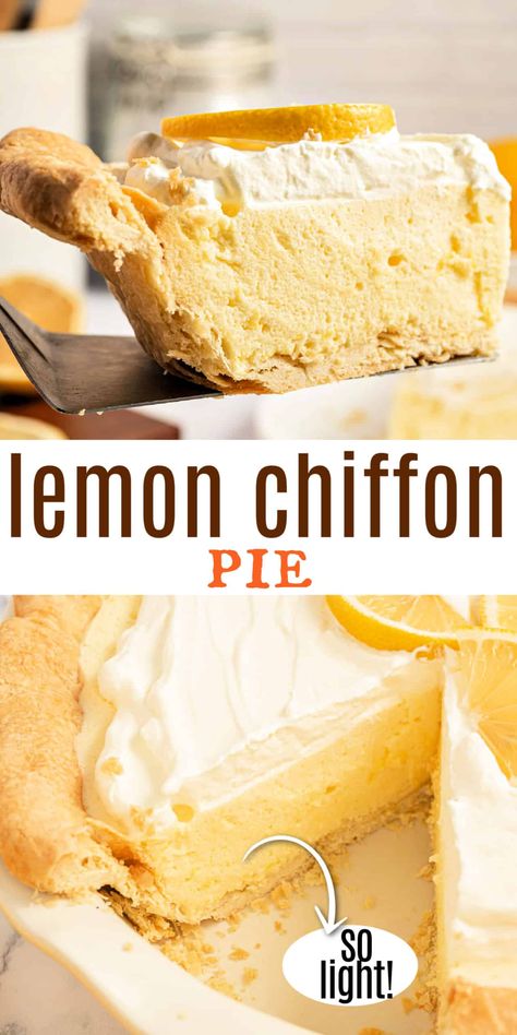 Lemon Chiffon Pie is cool and creamy, with the perfect balance of sweet-tart flavors. Bright, citrusy, and oh-so-silky, this classic pie recipe is sure to be a hit! Duncan Hines Lemon Chiffon Pie, Cheat Lemon Pie Dylan Hollis, Pineapple Chiffon Pie, Lemon Silk Pie, Lemon Chiffon Pie Recipe, Sheriff Lemon Pie Filling Recipes, Lemon Pie Filling Desserts, Peach Chiffon Pie, Sour Cream Lemon Pie Recipe