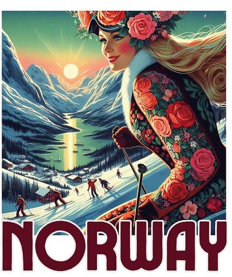 A blonde woman wearing a flower crown, out skiing, depicted in a vintage-style travel poster Norway Poster, Widget Aesthetic, Vintage Ski Posters, Ski Posters, Crown Vintage, Vintage Travel Poster, Vintage Ski, Flower Crowns, Vintage Travel Posters