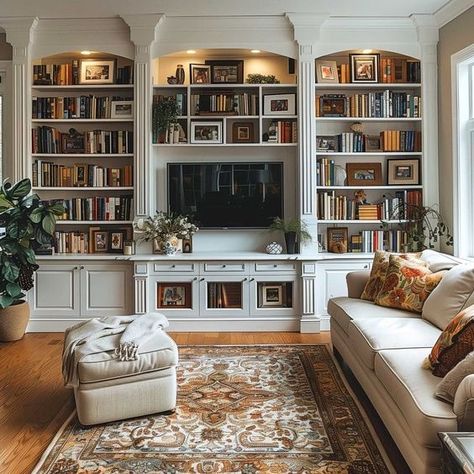 Bookshelves In Living Room With Tv, Ornate Rug, Living Room With Tv, Room With Tv, Cozy Reading Chair, Cozy Home Library, Floor To Ceiling Bookshelves, Home Library Rooms, Built In Shelves Living Room