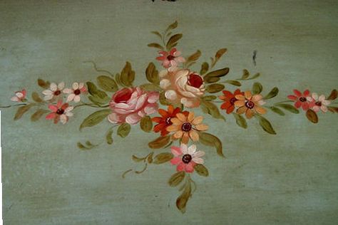 detail Painted Bookshelves, Floral Furniture, Painted Beds, Baroque Painting, Cottage Painting, Oil Painting Inspiration, Folk Art Flowers, Painted Cottage, Wall Painting Decor