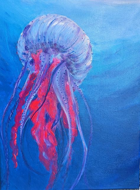 Pink Jellyfish Painting, Jellyfish Painting Acrylic Easy, Ocean Impressionism, Jellyfish Painting Acrylic, Jellyfish Acrylic Painting, Shop Mural, Giant Jellyfish, Jellyfish Illustration, Genshin Oc