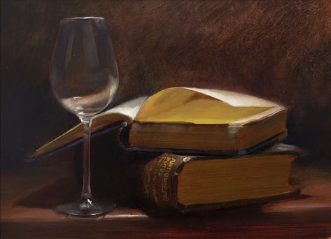 'Antiquarian' by west coast of Scotland painter Andrew Sinclair. Oil on board, 30 x 40 cm. #oilpainting #stilllife #scottishart #scottishartist #scottishpainter Still Life Pictures, Glass Of Red Wine, Wine Painting, Still Life Oil Painting, Still Life Drawing, Realistic Paintings, Daily Painting, Painting Still Life, A Level Art