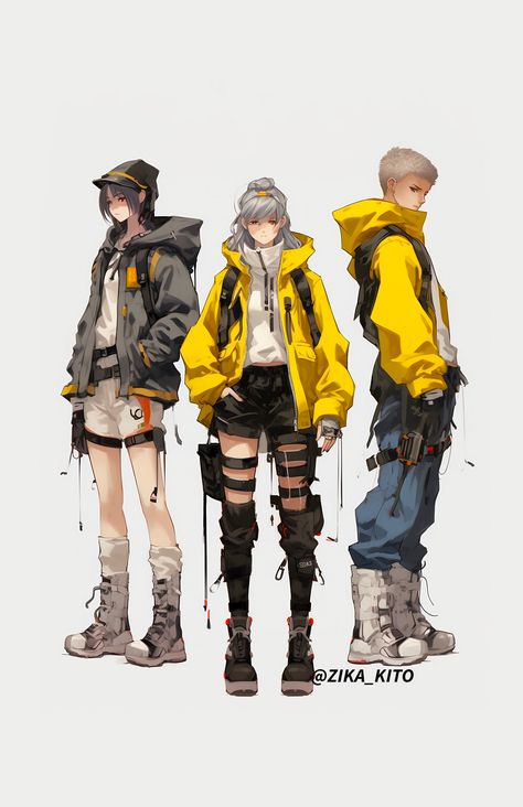 Streetwear, Techwear Fashion Design Illustrations. Anime Inspired Tech Wear Design, Techwear Design Drawing, Techwear Fashion Illustration, Character Design Streetwear, Street Wear Character Design, Cyberpunk Streetwear Women, Fashion Illustration Streetwear, Techwear Illustration, Streetwear Character Design