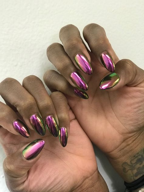 Chrome, sns Purple Green Chrome Nails, Pink Green Chrome Nails, Irredescent Green Nails, Beetle Chrome Nails, Purple And Gold Chrome Nails, Irredescent Chrome Nails, Purple Green And Gold Nails, Color Shifting Nails, Pink And Green Chrome Nails