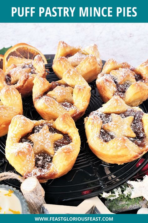 Puff Pastry Mince Pies are a flaky update on a British Christmas classic. Packed with traditional fruity mincemeat and topped with sugar crusted star shaped lids, my easy pie making method not only minimises waste but bakes up to look simply stunning. #FeastGloriousFeast Puff Pastry Mincemeat Pies, Puff Pastry Mince Pies, Mincemeat Pie, Pastry Dishes, Mince Pies Christmas, Pie Making, Sausage Rolls Recipe, British Christmas, Mince Recipes