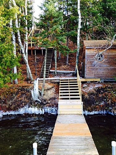 Stairs To Lake, Stair Construction, Building A Dock, Cottage Stairs, Lake Landscaping, Outside Stairs, Mid Century Farmhouse, Lake Dock, Deck Steps