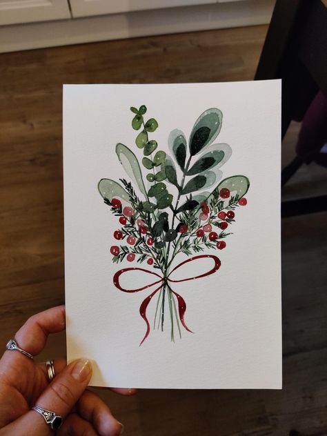 Christmas Flower Watercolor, Watercolor Calendar Ideas, Watercolor Ideas Simple, Christmas Cards For Mom, Watercolor Christmas Cards Ideas Simple, February Watercolor, Watercolor Cards Ideas, Funny Family Christmas Cards, Watercolor Christmas Cards Diy