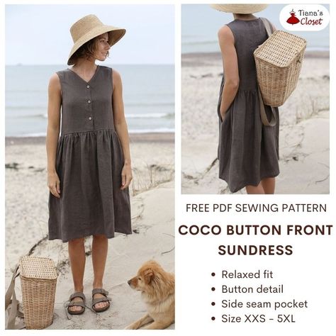 Coco button front sundress Button Down Dress Pattern Free, Tina's Closet Sewing Patterns, Easy Flowy Dress Pattern, Summer Pattern Sewing, Free Sundress Patterns For Women, Summer Dress Diy Pattern, Easy Dress Sewing Patterns Free, Linen Dress Sewing Pattern, Sun Dress Pattern Free