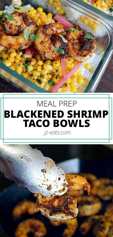 These Blackened Shrimp Taco Bowls are going to be your new meal prep go-to. The flavor from the blackening seasoning gives these bowls a nice kick, while the cilantro-lime jasmine rice brings a refreshing flavor to balance the dish. #shrimptacobowls #blackenedshrimp Shrimp Taco Meal Prep, Shrimp Taco Bowls Healthy, Blackened Shrimp Bowl, Shrimp Taco Meal Prep Bowls, Meal Prep Caribbean, Shrimp Tex Mex Bowl, Slaw For Fish Tacos, Blackened Shrimp, Taco Bowls