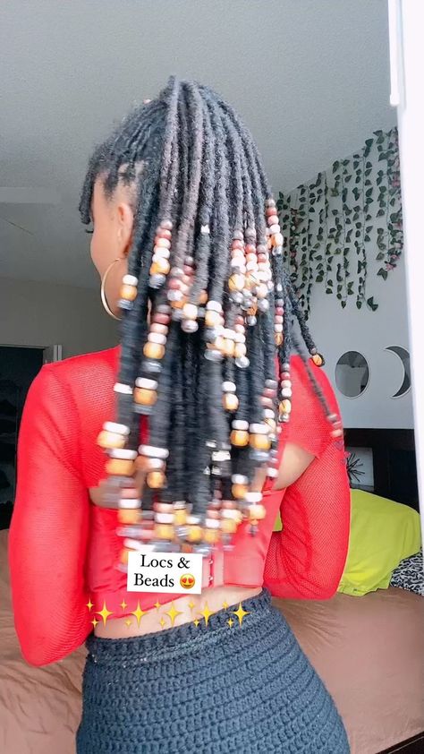 Faux Locs With Accessories, Red Locs With Beads, Long Locs With Beads, Loc Hairstyles With Beads, Faux Locs With Beads, Locs And Beads, Loc Styles With Beads, Short Locs With Beads, Beaded Locs