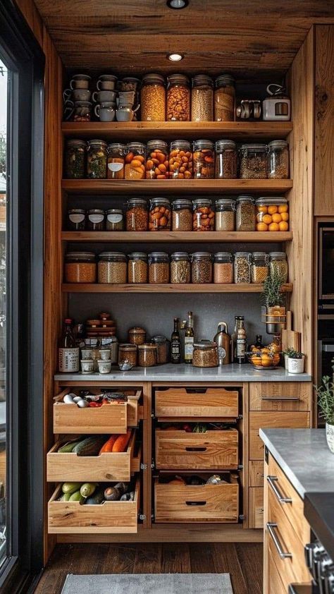 Kitchen Living Design, Dark Cottage Kitchen Ideas, Rustic Living Room Aesthetic, Food Storage Design, Rustic Kitchen Interior, Witchcore Living Room, Industrial Farmhouse Kitchen Design, Kitchens Open Shelving, Pantry Design Small