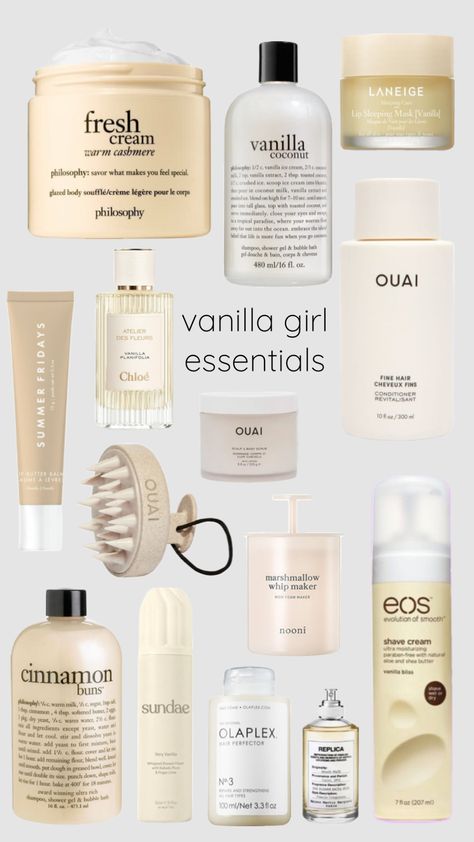 Vanilla Girl Bathroom, Vanilla Girl Skincare, Vanilla Self Care, How To Smell Like Vanilla, Clean Girl Perfume, Vanilla Girl Essentials, Hygiene Products Aesthetic, Vanilla Girl Makeup, Vanilla Scents