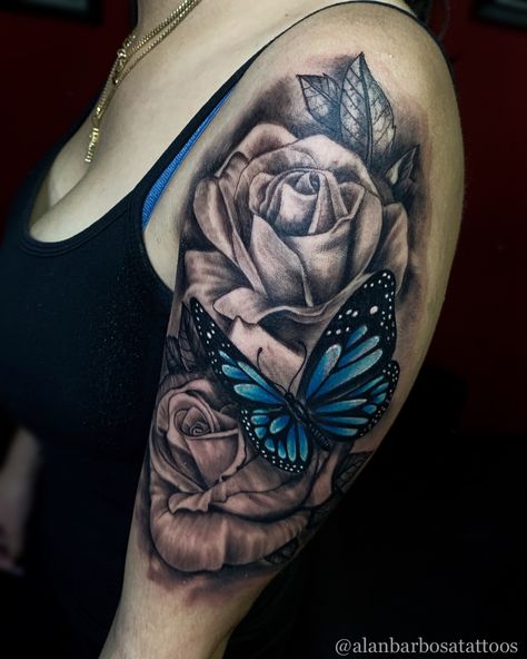 Rose Filler Tattoo Half Sleeves, Blue Butterfly And Flower Tattoo, Half Sleeve Tattoos For Women Upper Arm Roses And Butterflies, Rose And Butterfly Tattoo Design, Baddie Shoulder Tattoo, Butterfly Cover Up Tattoo, Butterfly And Rose Tattoo, Shoulder Cover Up Tattoos, Afro Tattoo