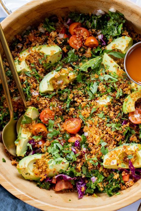 Kale Taco Salad with Crispy Quinoa - This Savory Vegan Kale Taco Salad, Fall Veggie Bowl, Recipes With Microgreens, Vegan Italian Salad, Epic Salads, Kale Tacos, Nutrient Dense Recipes, Quinoa Kale Salad, Quinoa Avocado Salad