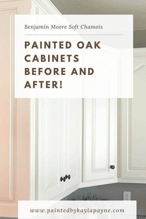 Oak Cabinets Painted In Benjamin Moore Soft Chamois Benjamin Moore Soft Chamois, Kitchen Oak Cabinets, Dream Kitchen Cabinets, Honey Oak Trim, Benjamin Moore Kitchen, Soft Chamois, Kitchen Oak, Honey Oak Cabinets, Update Kitchen Cabinets