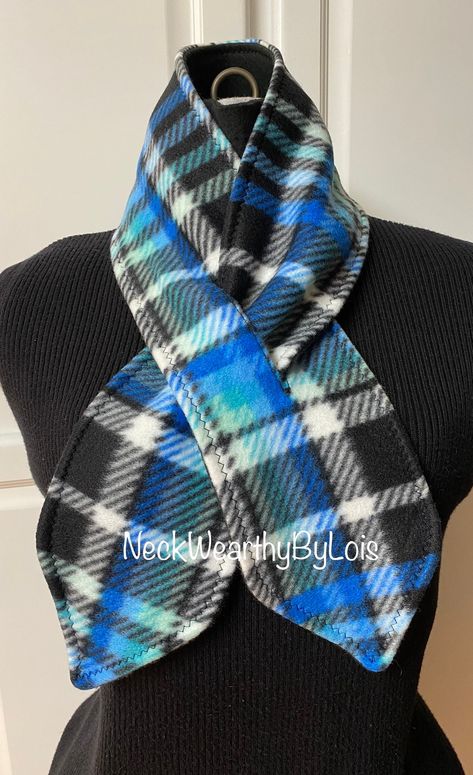 Blue Fleece Scarf, Reversible Plaid with Black Solid, Pull-Through Short Winter Scarf, Small Scarf for Man and Woman, #etsy Fleece Scarf Pattern, Scarf For Man, Fleece Sewing Projects, Fleece Mittens, Short Scarf, Wishlist 2022, Fleece Projects, Short Scarves, Sewing Fleece