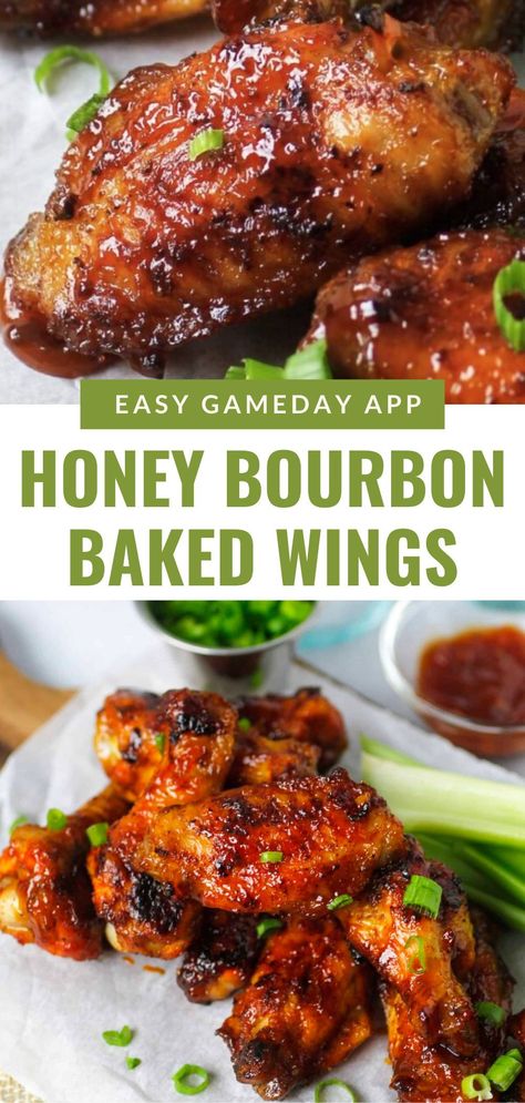 Sweet, savory, and sticky, these honey bourbon chicken wings are the perfect appetizer or party snack! Glazed with a rich honey bourbon sauce, these wings have a delicious balance of sweetness and a hint of smokiness. Whether you're hosting game day or simply craving a flavorful bite, this easy-to-make recipe will be a hit with everyone. Serve them up for an irresistible dish that's finger-licking good! Whiskey And Wings Party, Honey Glaze Chicken Wings, Chicken Wing Bouquet, Wingsgiving Party, Game Day Lunch Ideas, Bourbon Wing Sauce, Party Wings Recipe, Bourbon Wings, Honey Glazed Chicken Wings