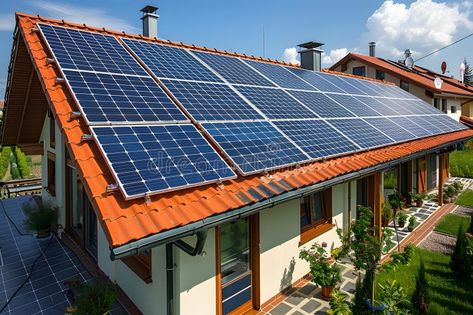 Solar panels installed on the roof rooftop of a residential modern house. The panels are arranged in rows and royalty free stock photos Vector People, Roof Installation, Roof Top, The Roof, Solar Panels, Free Stock Photos, The Row, Roof, Modern House