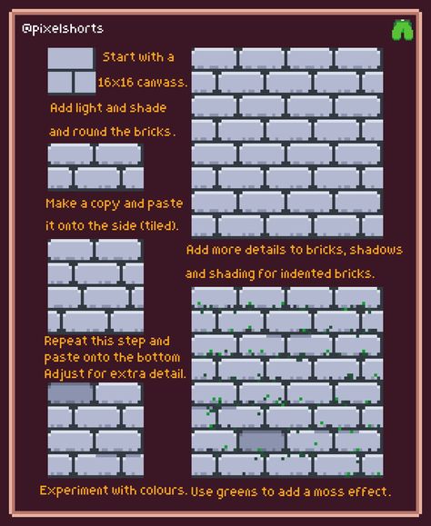 Bricks (Pixel art tutorial techniques) Traditional Pixel Art, Pixel Art Brick Wall, Pixel Art Tileset 16x16, Shading Pixel Art, Brick Pixel Art, Learn Pixel Art, 32bit Pixel Art, Pixel Art Techniques, Pixel Art Challenge