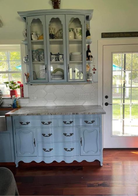 China Hutch Repurposed Kitchen Cabinets, Repurposed Kitchen Cabinets, Hutch Top Repurposed, Repurposed China Cabinet, Refinished Dresser Diy, Recycle Furniture, Repurposed China, Hutch Top, Repurposed Kitchen