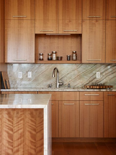 118 on Munjoy Hill - Modern - Kitchen - Portland Maine - by Wright-Ryan Millwork | Houzz Walnut And White Cabinets Kitchen, Wood Cabinet Kitchens, Horizontal Wood Grain Kitchen Cabinets, Kitchen Design Wood Cabinets, Slab Cabinet Kitchen, Brown Kitchen Inspiration, Flat Front Walnut Kitchen Cabinets, Cabinets With Stainless Steel Appliances, Natural Maple Cabinets Flat Panel Front