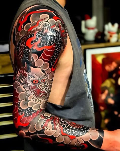 Full coloured Japanese style dragon sleeve | www.otziapp.com Traditional Japanese Tattoo Sleeve, Dragon Tattoo Arm, Japanese Tattoo Artist, Tattoo Japanese Style, Dragon Sleeve, Japanese Dragon Tattoo, Yakuza Tattoo, Dragon Sleeve Tattoos, Japanese Dragon Tattoos