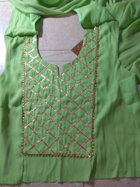 Gota Neck Design, Gotapatti Work Kurti Neck Design, Chudithar Neck Designs Cotton, Gotapatti Work Kurti, Embroidery Quotes, Chudithar Neck Designs, Quotes Embroidery, Embroidery Abstract, Embroidery Geometric