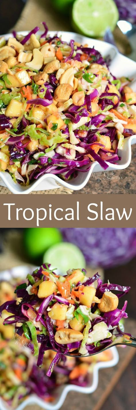 Tropical Slaw Recipe, Tropical Sandwiches, Tropical Coleslaw Recipes, Bbq Salads Side Dishes Healthy, Healthy Side Salads For Bbq, Asian Bbq Sides, Bbq Veggie Side Dishes, Spring Bbq Food, Tropical Pasta Salad