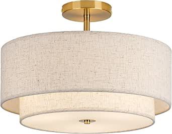 CALOKES 16" Double Drum Gold 3-Light Semi Flush Mount Ceiling Light, Classic Fabric Linen Shade Design for Living Room, Bedroom, Kitchen, Dining Room, Hallway and Entryway Flush Bedroom Ceiling Light, Semi Flush Bedroom Lighting, Primary Bedroom Light Fixture, Bedroom Ceiling Lights Ideas Master, Entry Light Fixture Low Ceiling, Lighting Bedroom Ceiling, Light Fixtures For Low Ceilings, Entry Light Fixture, Girls Bedroom Lighting