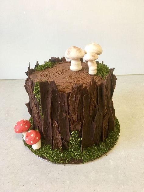 Stump cake Cake With Mushrooms, Cake Mushroom, Woodland Theme Cake, Mushroom Cupcakes, Mushroom Cake, Cake With Strawberry, Chocolate Strawberry Cake, Woodland Cake, Forest Birthday