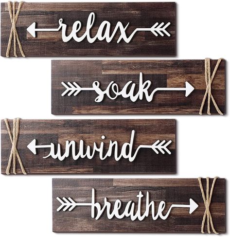 Jetec 4 Pieces Bathroom Decor Wall Art Farmhouse Bathroom Decor Soak Relax Unwind Breathe Wooden Signs Rustic Bathroom Decor with Arrow Vintage Country Bathroom Decor for Home Laundry Room (Brown) Home Laundry Room, Relax Signs, Country Bathroom Decor, Bathroom Decor Signs, Rustic Farmhouse Bathroom, Bathroom Wall Decor Art, Home Laundry, Laundry Room Bathroom, Country Bathroom