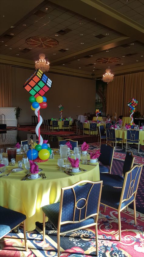 80's Theme Balloon Centerpieces with Jumbo Rubik's Cube by Extra POP by Yolanda 80s Themed Table Decorations, Rubix Cube Centerpiece, 1980s Party Centerpiece, 90s Theme Party Decorations Table Centerpieces, 90s Theme Party Centerpieces, 90s Table Centerpieces, 90s Table Decorations, 80s Theme Centerpieces, 80s Table Centerpieces