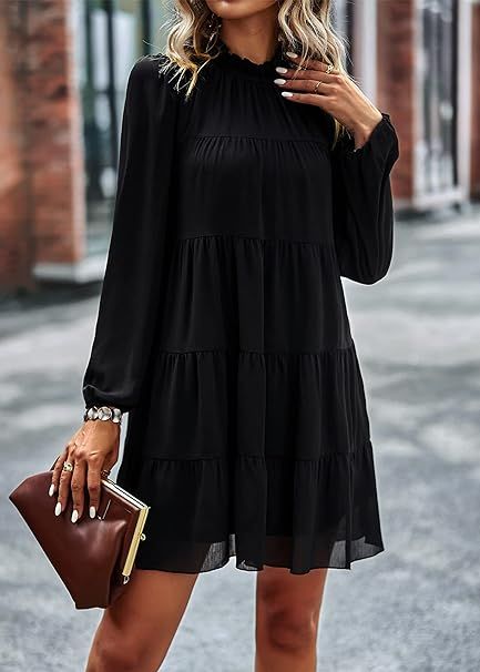 KIRUNDO Women's Long Sleeve Ruffle Mock Neck Tiered Mini Babydoll Dress Casual Swing Tunic Shift Dresses Shift Dress Outfit, Dress Outfit Fall, Loose Dress Outfit, Loose Mini Dress, Plain Dress, Mini Dress Fashion, Shift Dresses, Long Sleeve Shift Dress, Black Dresses Casual