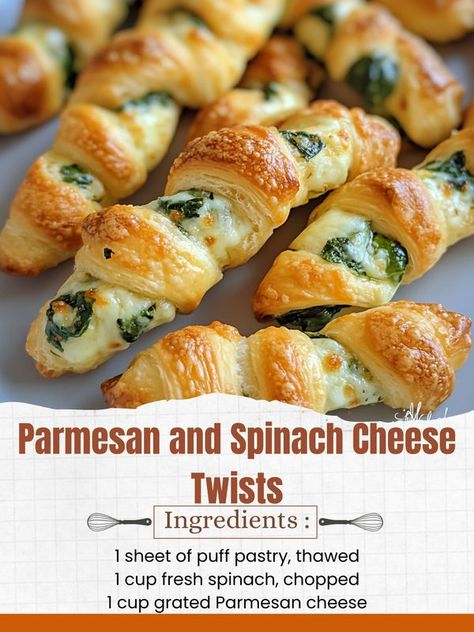 Puff Pastry Appetizers Easy, Fresh Spinach Recipes, Spinach Artichoke Dip Pull-apart Christmas Bread, Spinach Puff Pastry, Puff Pastry Twists, Puff Pastry Recipes Savory, Cheese Twists, Puff Pastry Appetizers, Cheese Pastry