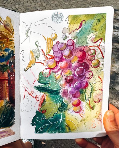 A stunning watercolor and colored pencils sketch of grapes in a Hahnemuhle 100% cotton sketchbook, displaying vibrant colors and intricate details. Watercolor With Colored Pencils, Watercolor Art Pencil, Watercolor And Color Pencil Art, Colored Pencil Over Watercolor, Sketch Book Colorful, Color Pencil And Watercolor, Colored Pencils Illustration, Colored Pencil And Watercolor Art, Ink And Colored Pencil