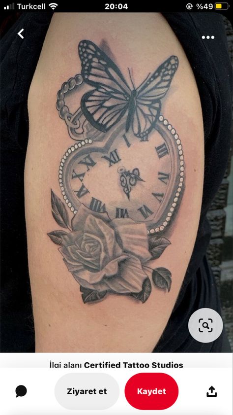 Clock Butterfly Tattoo, Memorial Tattoos Mom, Wrist Tatoo, Butterfly Wing Tattoo, Cute Shoulder Tattoos, Heart Clock, Pocket Watch Tattoos, Tribute Tattoos, Upper Arm Tattoos