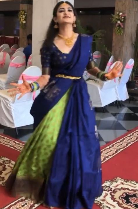 Dark Blue Half Saree Combination, Saree As Lehenga Drape Bride, Langa Dhawani Designs, Half Saree With Saree, Thavani Styles, Lehanga Saree Drape, Half Sarees South Indian, South Indian Lehenga Half Saree, Dawani Designs