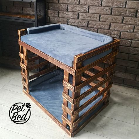 Pet Bed with double decker construction. Pillows on each level. High quality product: pine wood, water based paint, oil, silky smooth fabric. Double Dog Bed Diy, Double Decker Dog Bed, Double Dog Bed, Daisy Care, Wood Crate Diy, Pet Bunk Bed, Dog Bunk Beds, Dog Bed Frame, Wood Dog Bed