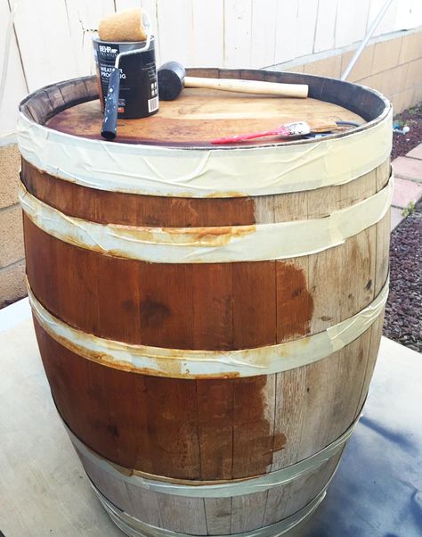 Whiskey Barrel Table Top Diy, Wine Barrel Table Square Top, Wine Barrel Outdoor Table, Wine Barrell Outdoor Table, Wine Barrel Coffee Table Diy, Painted Wine Barrel Ideas, Whiskey Barrel Table Ideas, Wine Barrel Table Outdoor, Barrels Decor Ideas