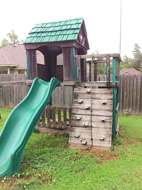 DIY play set made into a chicken coop. I would have never thought to make a chicken coop from a rotting play structure. Chicken Coops Out Of Playhouse, Old Playhouse Chicken Coop, Play Set Chicken Coop, Chicken Coop Made From Playhouse, Diy Chicken Coop From Playhouse, Playset Chicken Coop, Playhouse Turned Chicken Coop, Chicken Coop From Playhouse, Playhouse To Chicken Coop