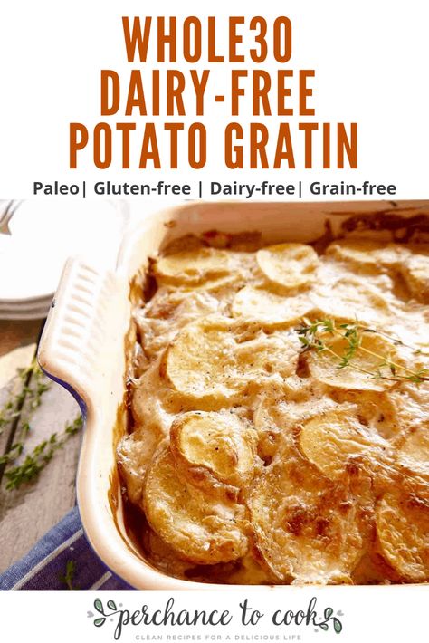 This Whole30 Dairy-free Potato Gratin is a delicious dish made of thinly sliced potatoes that soak up an amazingly rich creamy dairy-free (and nut-free!) sauce seasoned with garlic, shallots, thyme, and nutmeg. Whole 30 Potato Skins, Paleo Potato Casserole, Aip Potato Recipes, Dairy Free Au Gratin Potatoes, Dairy Free Potato Gratin, Dairy Free Potato Bake, Dairy Free Potatoes Au Gratin, Dairy Free Potatoes Recipes, Gluten Free Dairy Free Potato Recipes