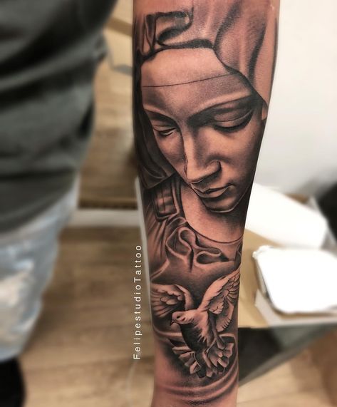 Mens Full Sleeve Tattoo, Mother Mary Tattoos, Arm Tattoos For Guys Forearm, Virgin Mary Tattoo, Mary Tattoo, Forearm Band Tattoos, Girl Arm Tattoos, Men Tattoos Arm Sleeve, Forearm Sleeve Tattoos