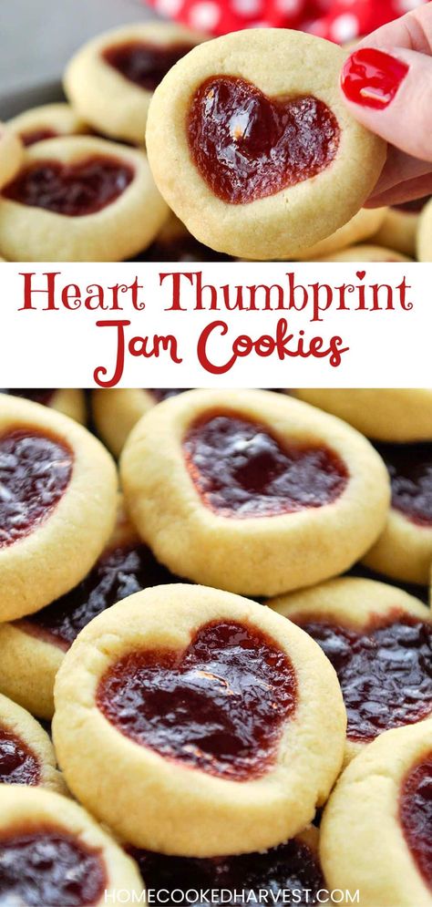 These melt in your mouth Heart Jam Cookies are full of buttery flavor and tart raspberry jam, making them perfect for Valentine's Day! Valentine Snickerdoodle Cookies, Savoury Valentine Treats, Easy Things To Bake Valentines, Valentine’s Day Baking Recipe, Raspberry Heart Cookies, Heart Cookies With Jam Recipe, Valentines Treat For Class Party, Cute Valentine's Day Recipes, Thumbprint Valentine Cookies