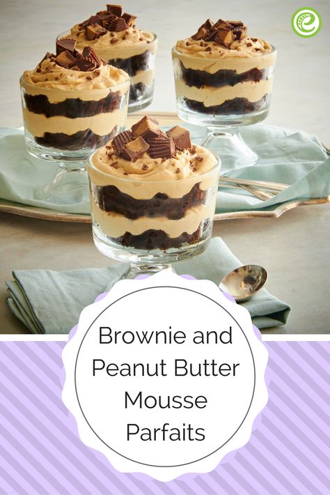 Brownie and Peanut Butter Mousse Parfaits | eMeals.com Peanut Butter Parfait, Brownie Parfait, Peanut Butter Mousse, Parfait Recipes, Smart Cooking, Cheese Serving, Whipped Topping, Peanut Butter Cups, Serving Dishes