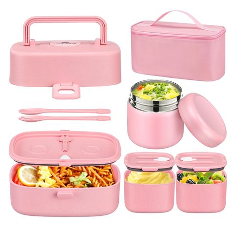 PRICES MAY VARY. 3-in-1 Bento Lunch box - The bento box includes 1 x lunch box, 2 x leak proof food containers, and Spoons&forks.3 separate compartments designed to store different delicacies, suitable for school, travel, and work use. Safe Material - The lunch box is made of safe and environmentally friendly materials. It does not contain any harmful substances and can be used with confidence. 100% BPA free. 8oz Soup Thermo - 8oz Hot Food Jar double walled stainless steel insulation design, whi Pretty Lunch Boxes, Coquette Lunch Bag, Lunch Boxes For Teens, Lunch Bento Box Ideas, Lunch Bags For Kids, Amazon Ads, Bento Box Lunch For Kids, Cute Bento Boxes, Cute Lunch Boxes