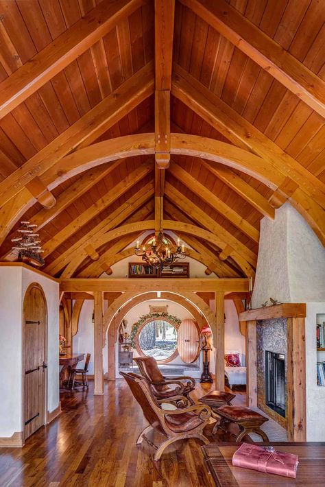 See this amazing stone cottage in Oregon: Hobbit House at Dragonfly Knoll Hobbit Home, Oregon Style, Wood Backdrop, J R R Tolkien, Hobbit House, Cottage Plan, Vaulted Ceilings, Stone Cottage, Small Entryway