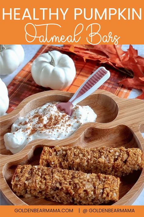 Healthy Pumpkin Oatmeal Bars (Baby-Led-Weaning) - Golden Bear Mama Pumpkin Baby Led Weaning Recipes, Baby Led Weaning Oatmeal Bars, Baby Oatmeal Bars, Oatmeal Bars For Baby, Pumpkin Oat Bars, Pumpkin Oatmeal Bars, Healthy Pumpkin Oatmeal, Easy Pumpkin Oatmeal, Pumpkin Oats