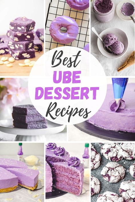 purple ube desserts including ube cake, ube cheesecake, ube brownies, ube ice-cream, ube mochi and ube cookies. Ube Filling Recipe, Ube Donut Recipe, Ube Desserts, Black Sesame Dessert, Ube Dessert Recipe, Ube Dessert, Ube Extract, Blondie Cake, Raspberry Recipes Dessert