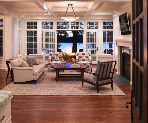 Breathtaking shingle-style residence on Lake Minnetonka Lake House Living Room Decor, Lake House Living Room, Lake House Interior, Modern Entry, Doors Modern, Living Room Furniture Layout, Living Room Furniture Arrangement, Living Room Arrangements, Coastal Living Rooms